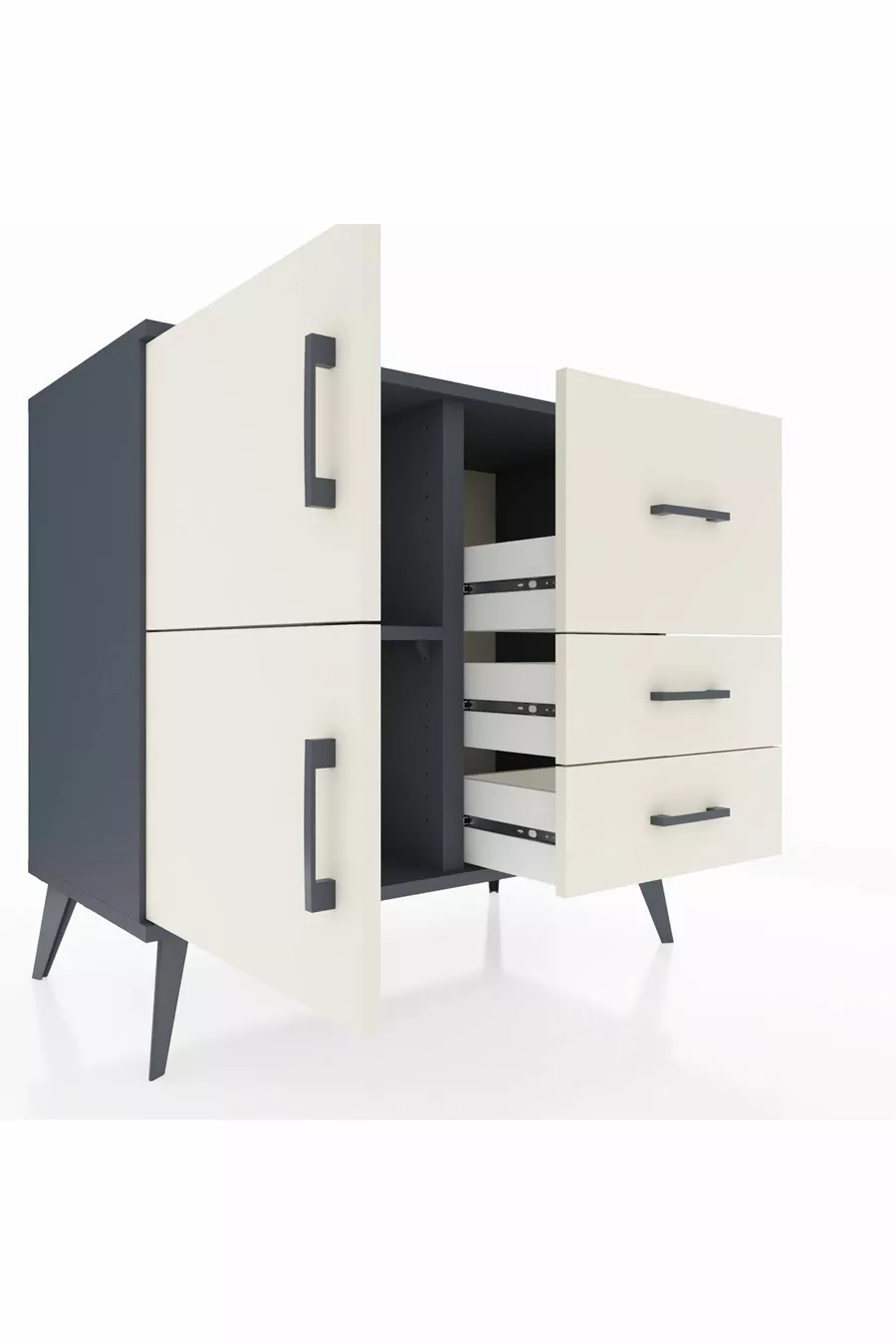 Commode Hyperion à une étagère, 3 tiroirs et 2 portes, Anthracite-Pierres de lune