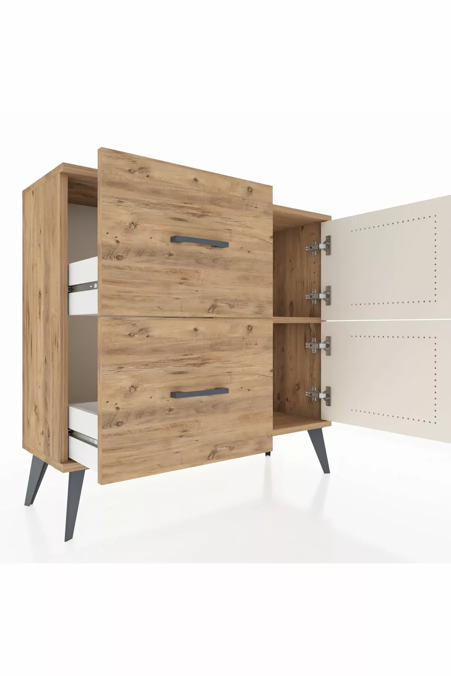 Commode Arges avec une seule étagère, 2 tiroirs et 2 portes, en pin-pierre d'âme/pin