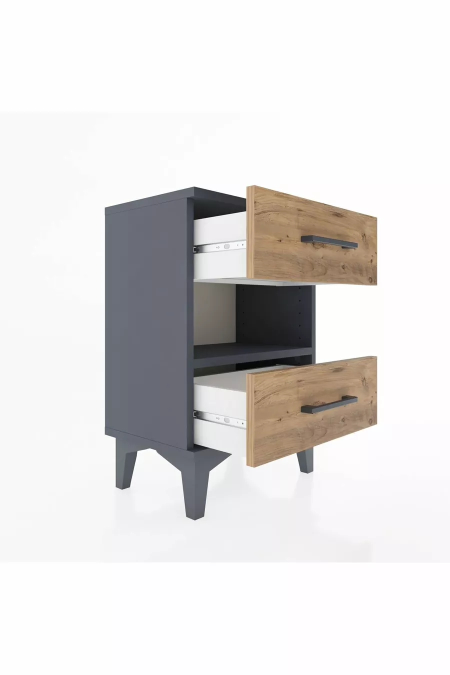 Chevet Arges à une étagère et deux tiroirs Anthracite-Pin