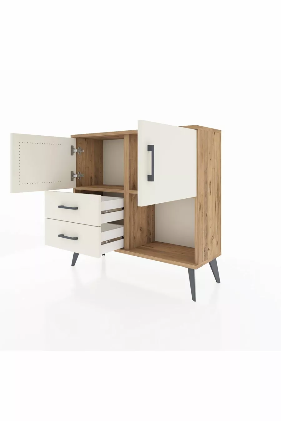 Commode Arges avec 2 étagères, 2 tiroirs et 2 portes, en pin et pierre d'agate