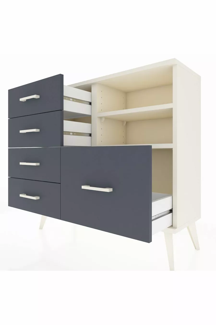Commode Arges 2 étagères 5 tiroirs Pierre de lune / Anthracite