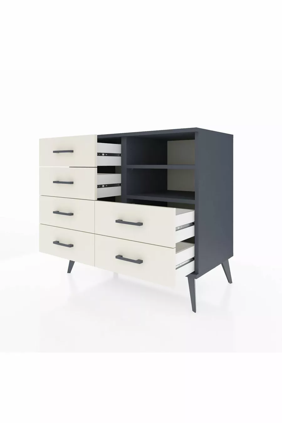 Commode Hyperion 2 étagères 6 tiroirs Anthracite-Anthracite/Pierre de lune
