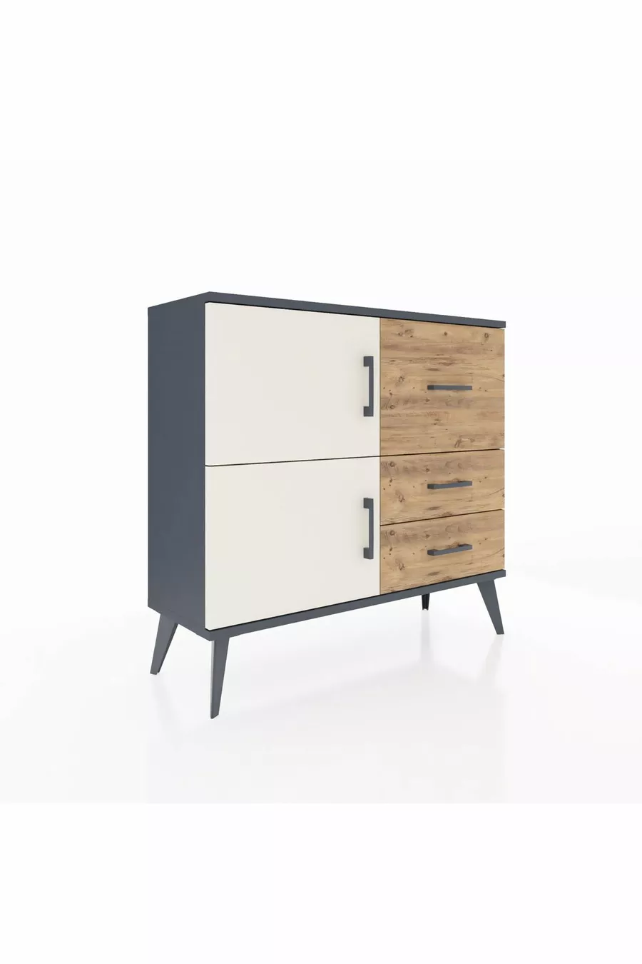 Commode Arges à une étagère, 3 tiroirs et 2 portes, Anthracite-Sable/Pin