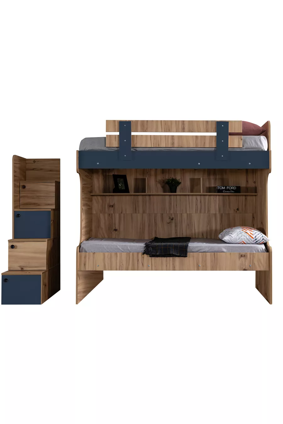 Hochbett, Riva Etagenbett mit 2 Betten + 3-türiger Schrank + 2 Komfortmatratzen