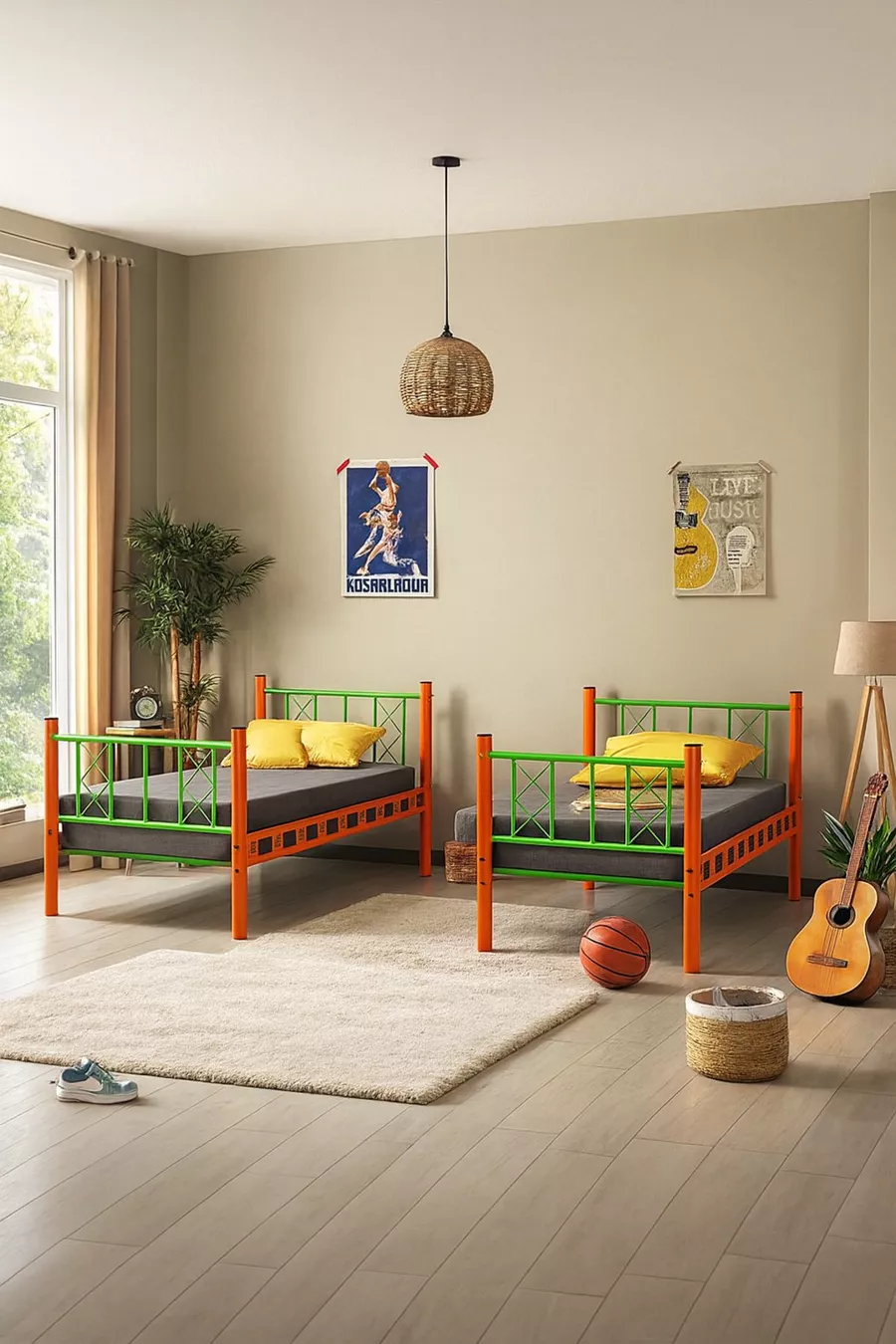 Carme Chambre d'Enfant Lits Superposés et Cadres de Lit Métalliques Orange Vert