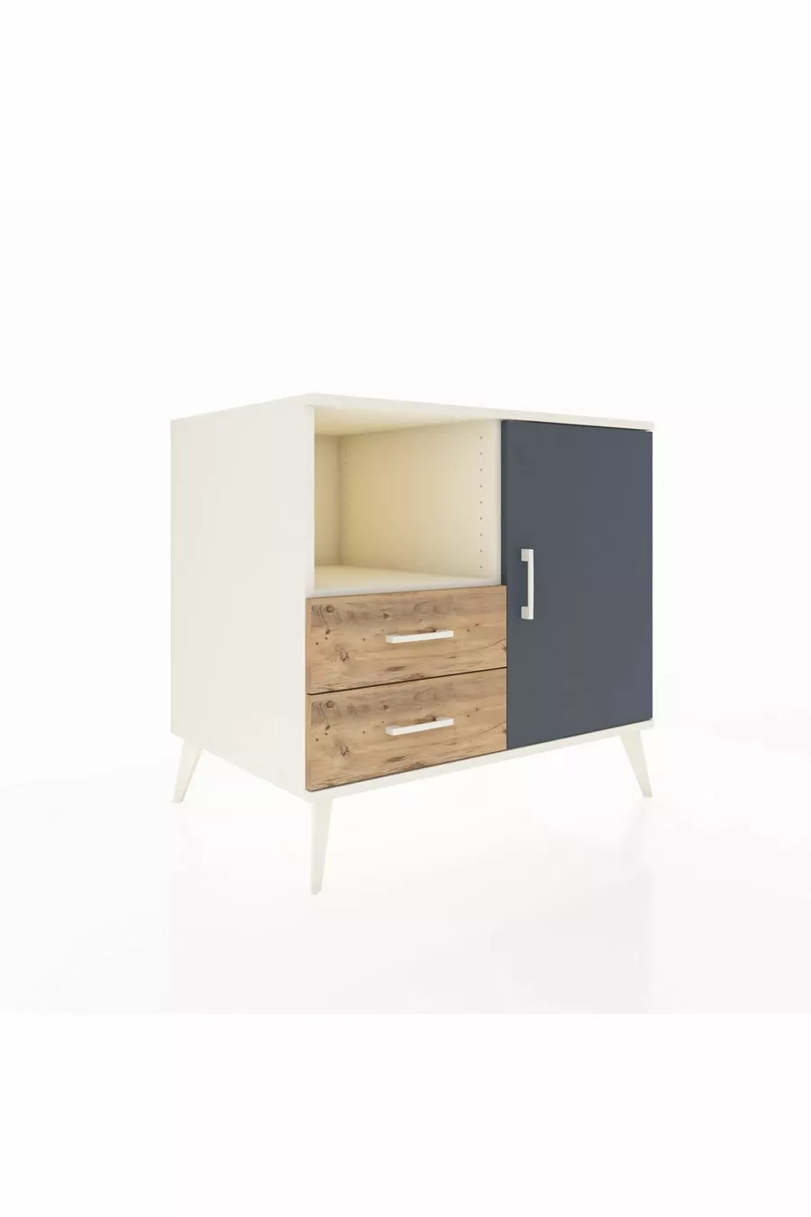 Commode Kronos à 2 étagères, 2 tiroirs, 1 porte, Pierre de lune-Anthracite/Pin