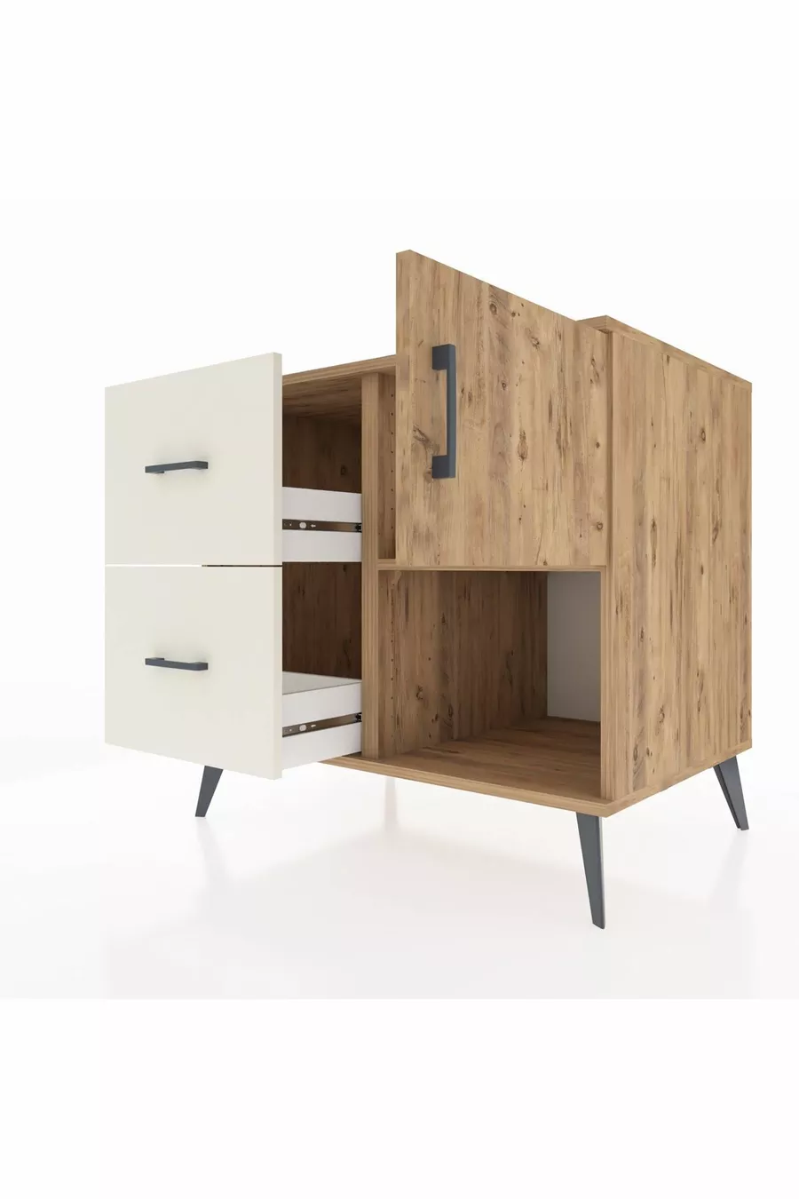 Commode Kronos avec une seule étagère, 2 tiroirs et une porte, pin-pin / pierre de lune