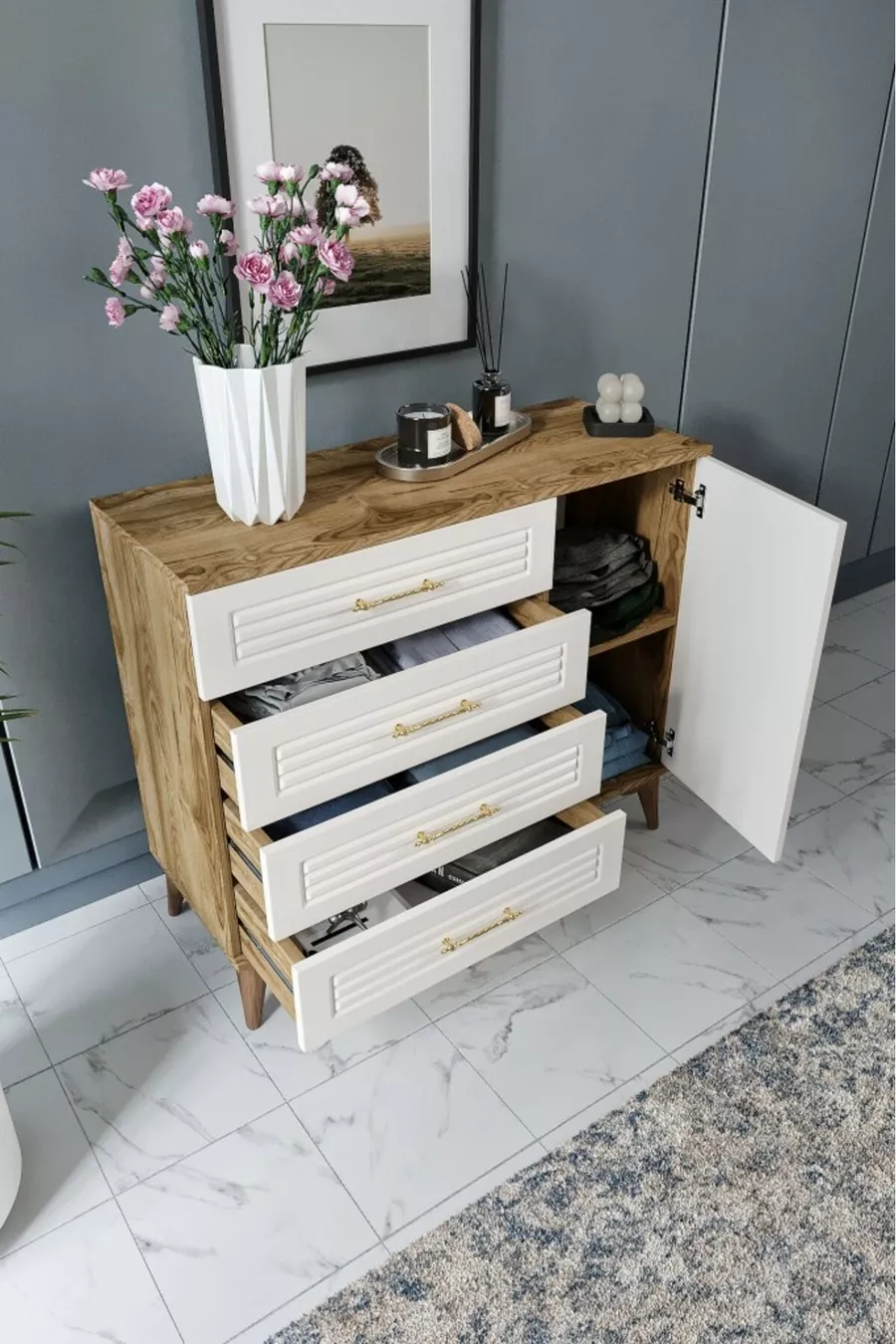 Commode moderne à 4 tiroirs et 1 porte avec volets, design moderne, porte en MDF, bois de noyer écru
