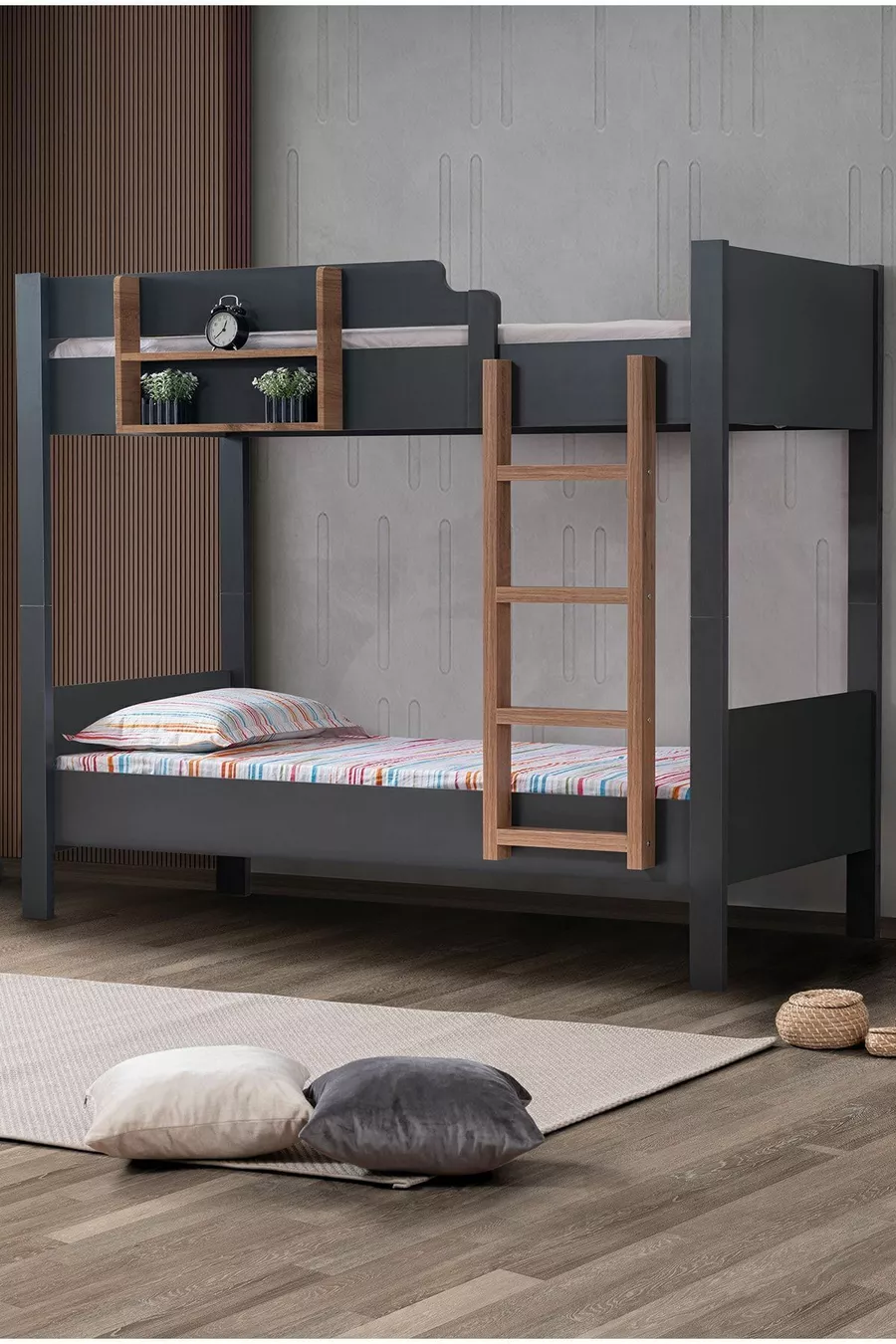 Lits superposés, lits superposés démontables en Asie, 2 places, anthracite - noyer - cm