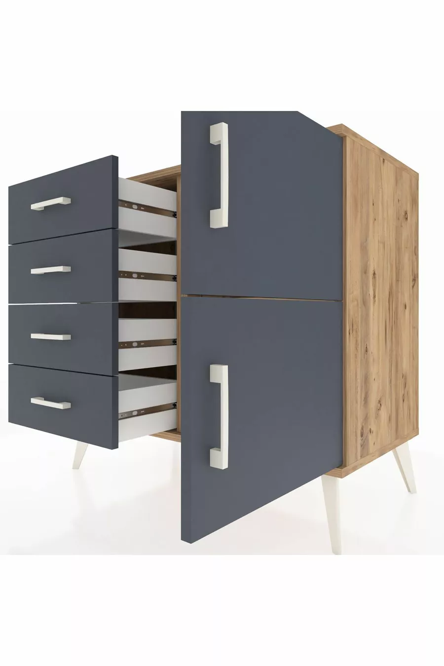 Commode Hyperion à une étagère, 4 tiroirs, 2 portes, pin-anthracite