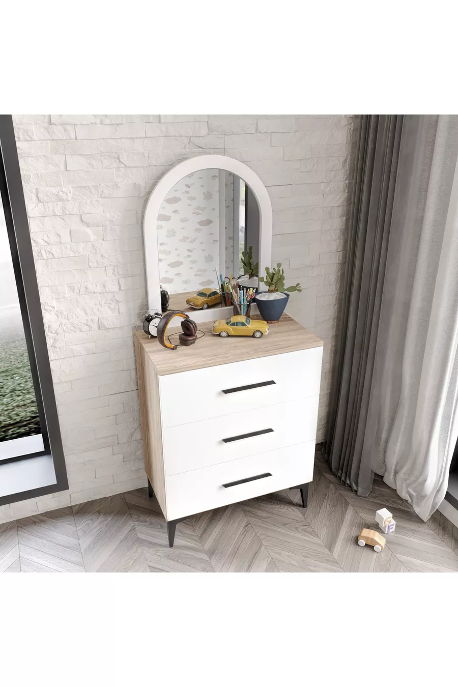 3-Drawer Dresser with Mirror, Completely MDF, Flora White