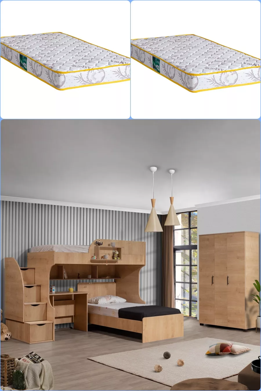 Lits superposés, lits superposés Aura avec lit, armoire à 3 portes + 2 matelas Comfort