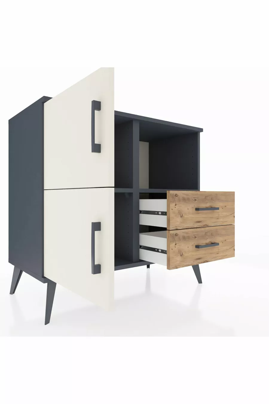 Commode Hyperion 2 étagères 2 tiroirs 2 portes Anthracite-Pierre de lune/Sapin