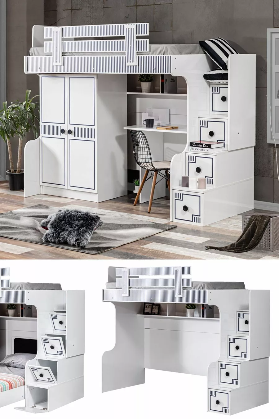 Bunk bed, Loft bed, Wardrobe, Desk