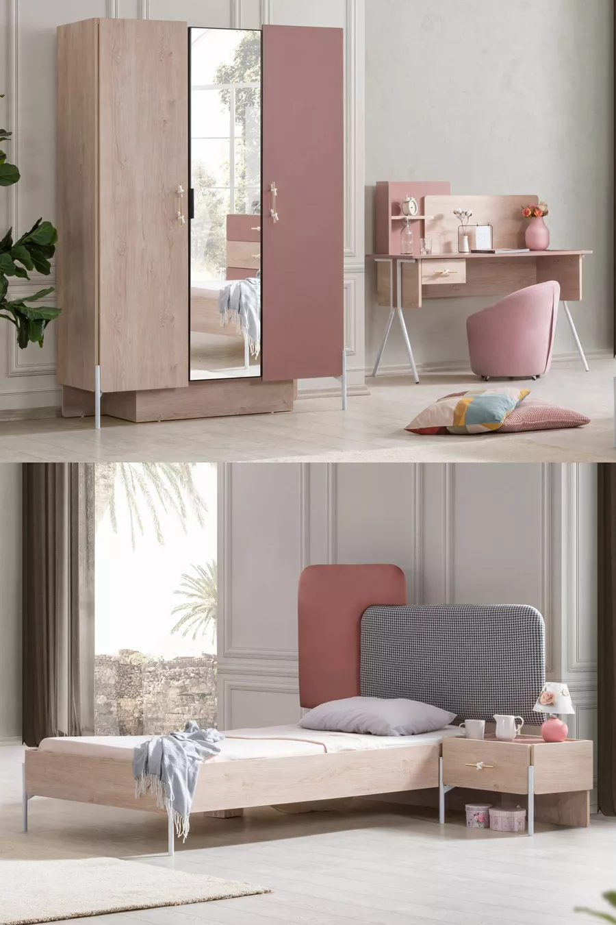 Chambre d'enfant Rosetta - Armoire 3 portes, Lit, Table de chevet, Bureau