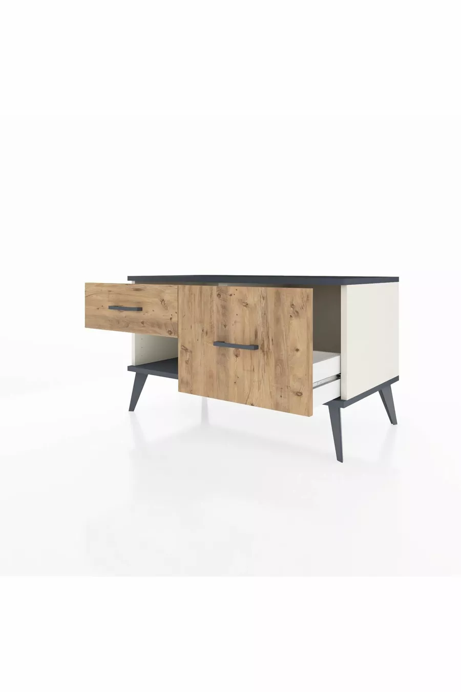 Commode Hyperion 2 tiroirs Pierre de lune-Anthracite/Sapin