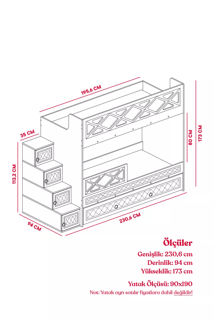 Mars Bunkbed met Lade Wit MDF met Stalen Ondersteuning, MDF Membranen Bekleding % MDF
