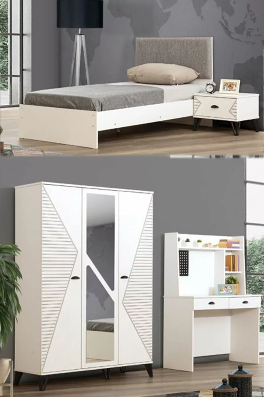 Chambre d'enfant Safir - Armoire 3 portes, Lit, Table de chevet, Bureau