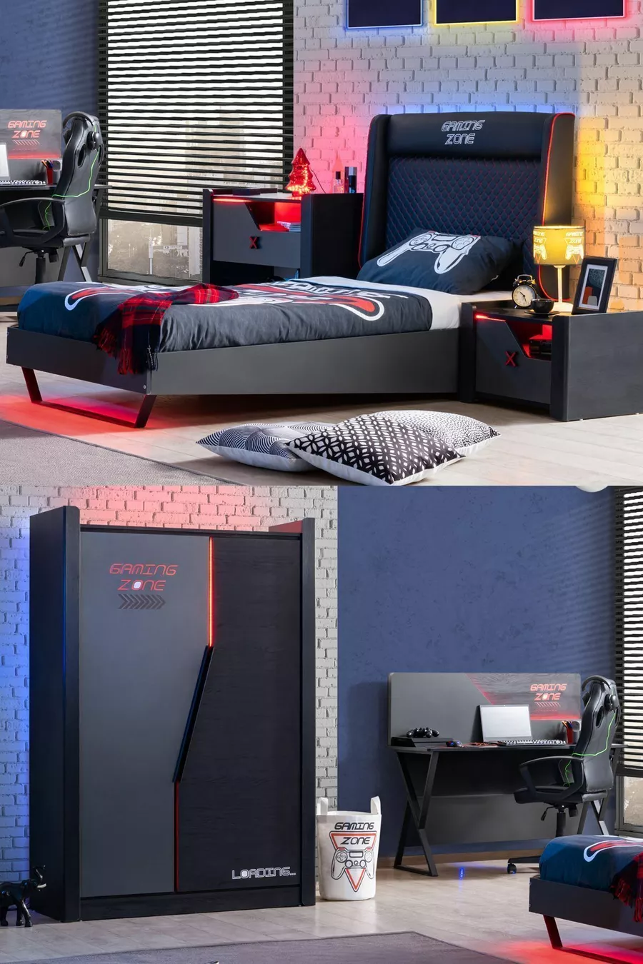 Jugendzimmer mit Gamer-LED - 2-türiger Schrank, Bett, Nachttisch, Kommode, Schreibtisch