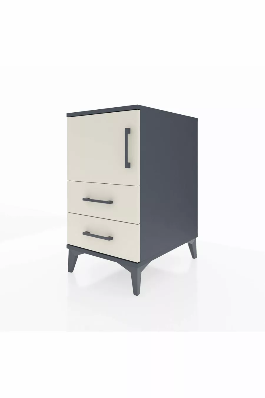 Table de chevet Kronos avec 2 étagères, 2 tiroirs et 1 porte, Anthracite-Pierre de lune