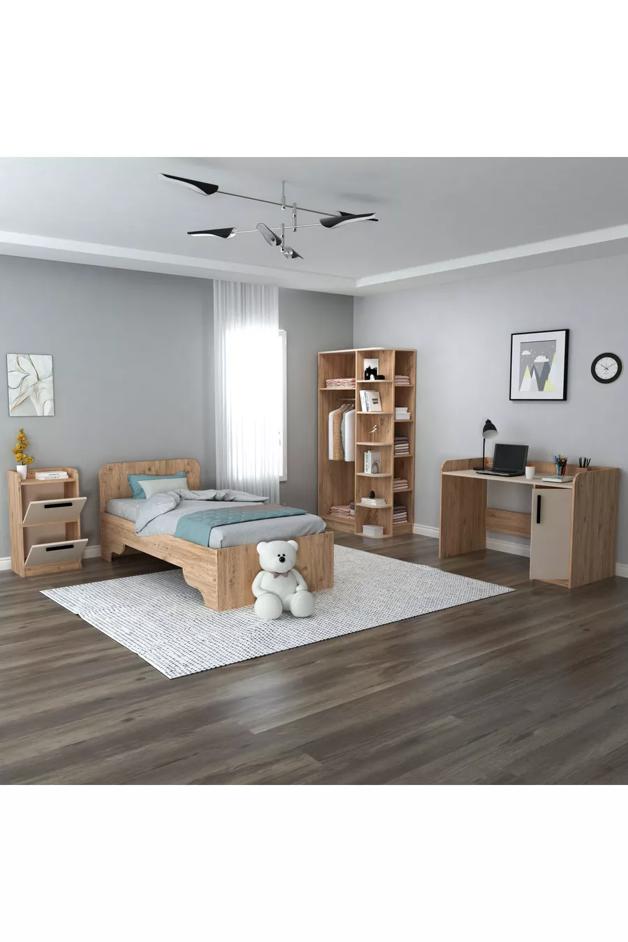 Chambre d'adolescent Luses Ensemble 4 pièces Pin Atlantique Beige Bureau-Armoire-Commode-Lit - Luses