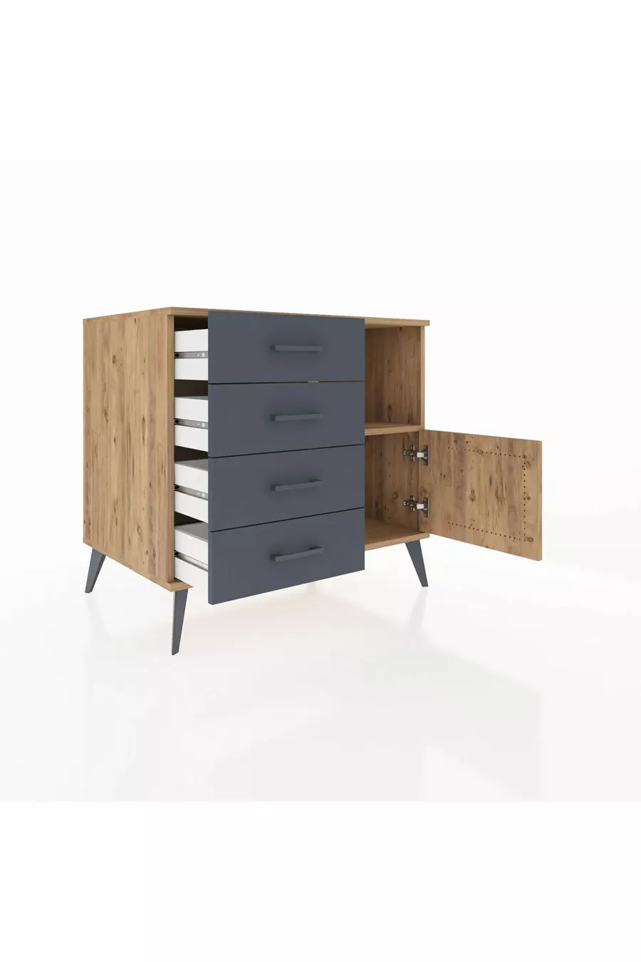 Kronos Dresser Single Shelf 4 Drawers Single Door Pine-Pine/Anthracite