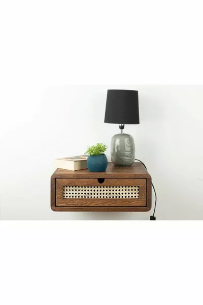 Wooden Rattan Detail Wall-Mounted Modern Nightstand