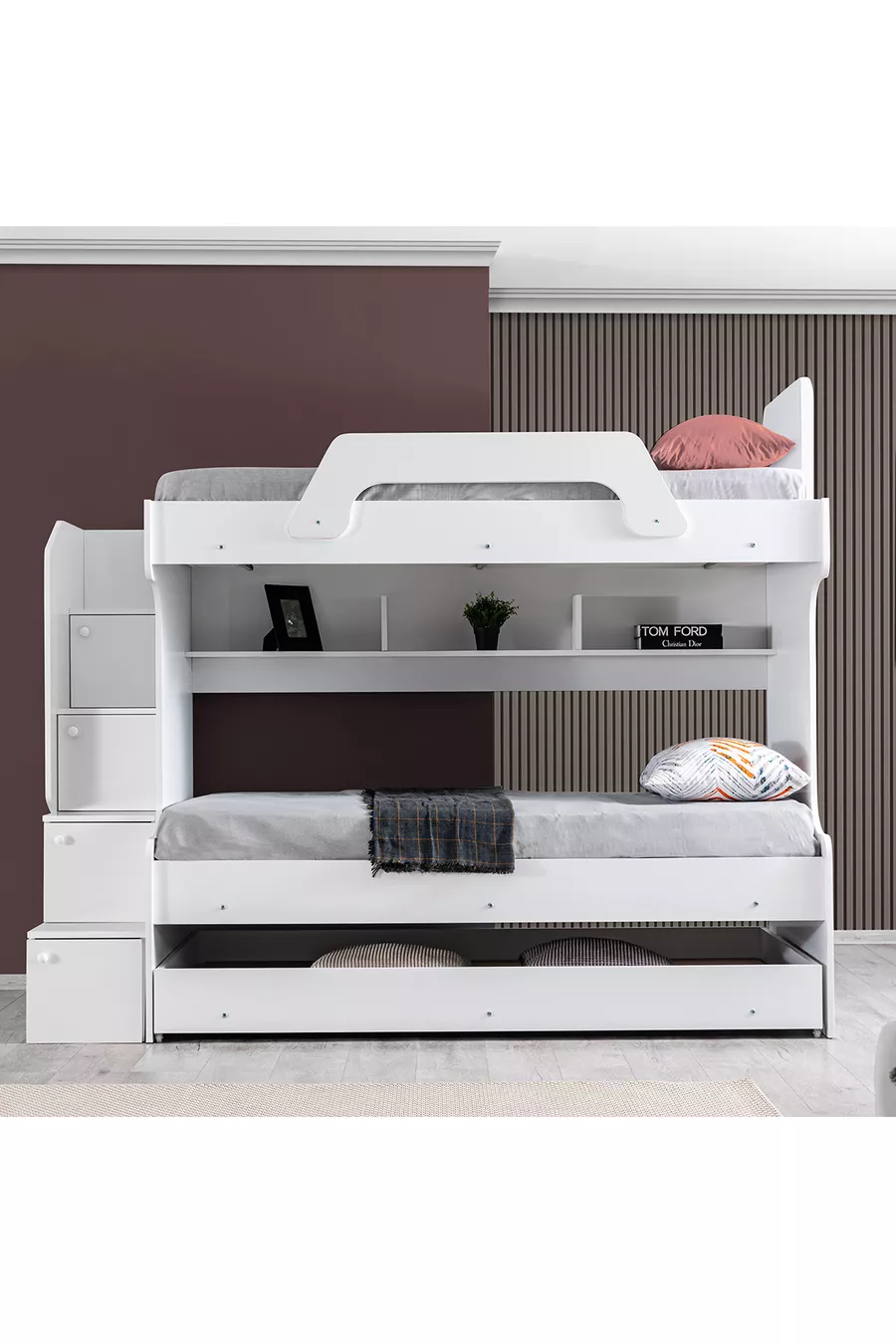 Lits superposés, Lit superposé avec nid d'ange en perle blanc, Lit superposé avec nid d'ange - 3 matelas confort