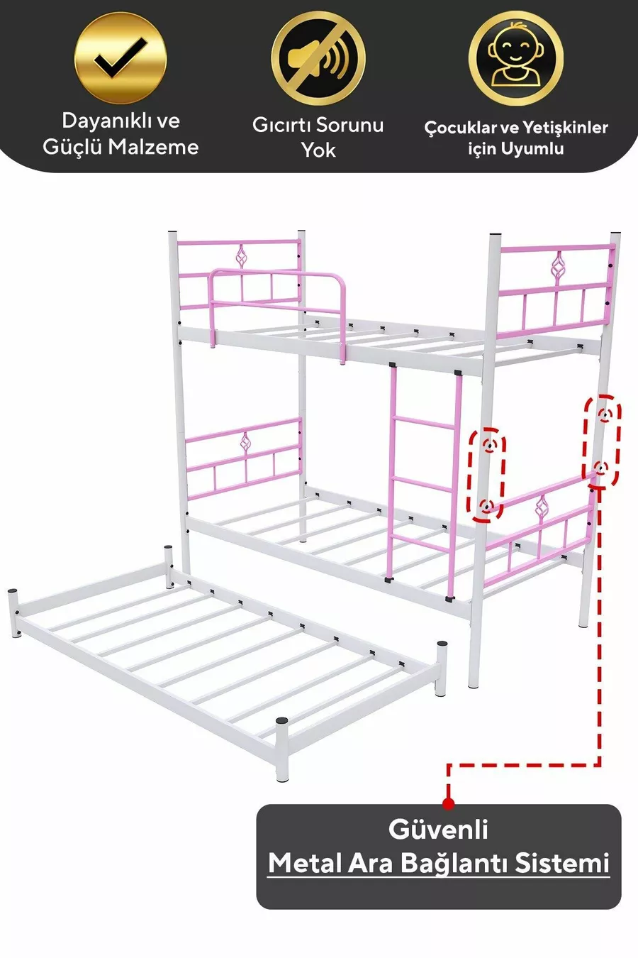Koza Etagenbett mit Gästebett, geeignet für 3 Personen, Hellrosa Metallbett