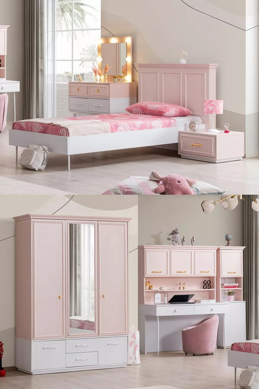 Rosa Jugendzimmer - Dreitüriger Schrank, Bett, Nachttisch, Schreibtisch, Kommode, Bücherregal