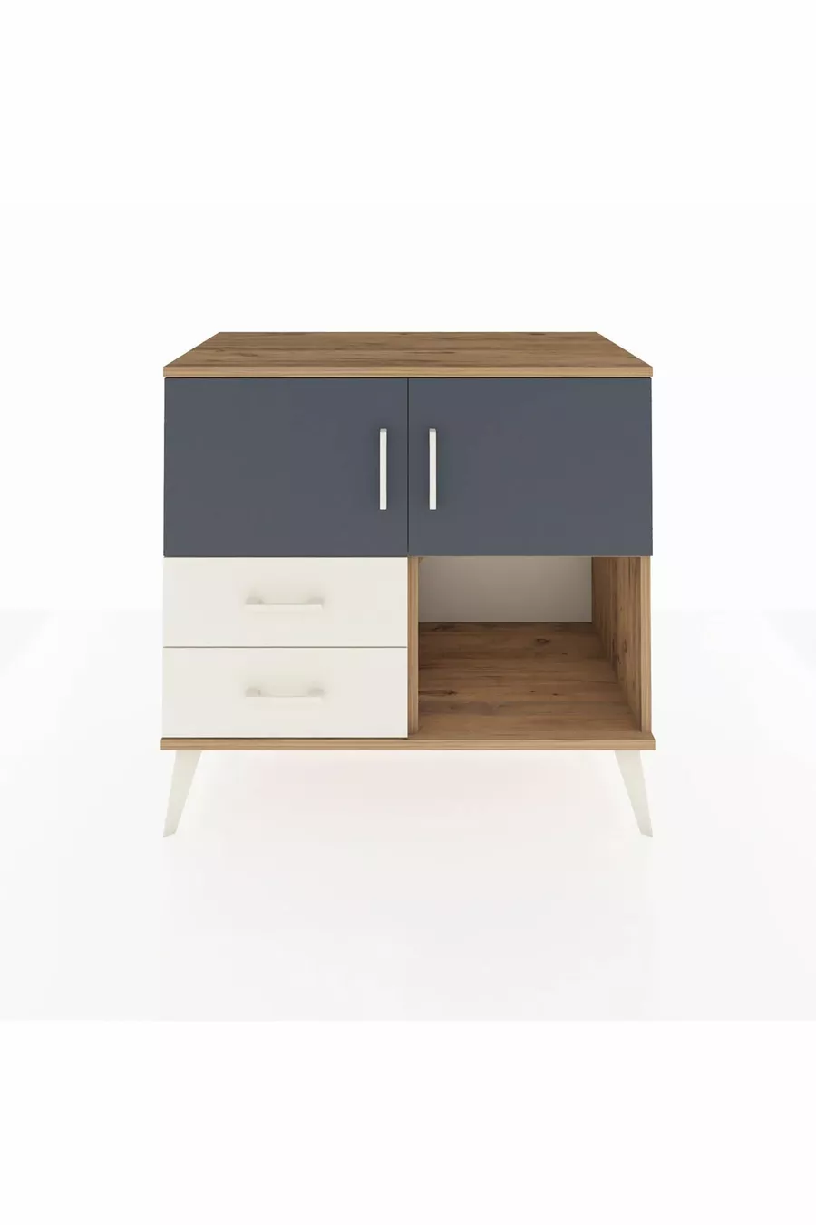 Commode Hyperion avec 2 étagères, 2 tiroirs, 2 portes, en pin anthracite/pierre de lune
