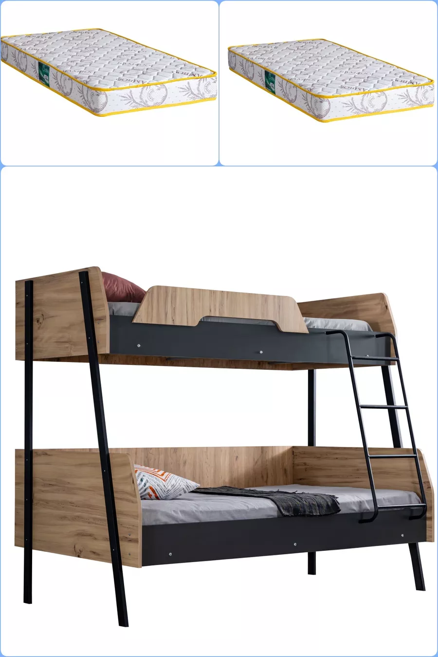 Ranza, Letto a Castello Doppio Lungo Alba, cm - cm - Noce-Antracite + 2 Materassi Comfort