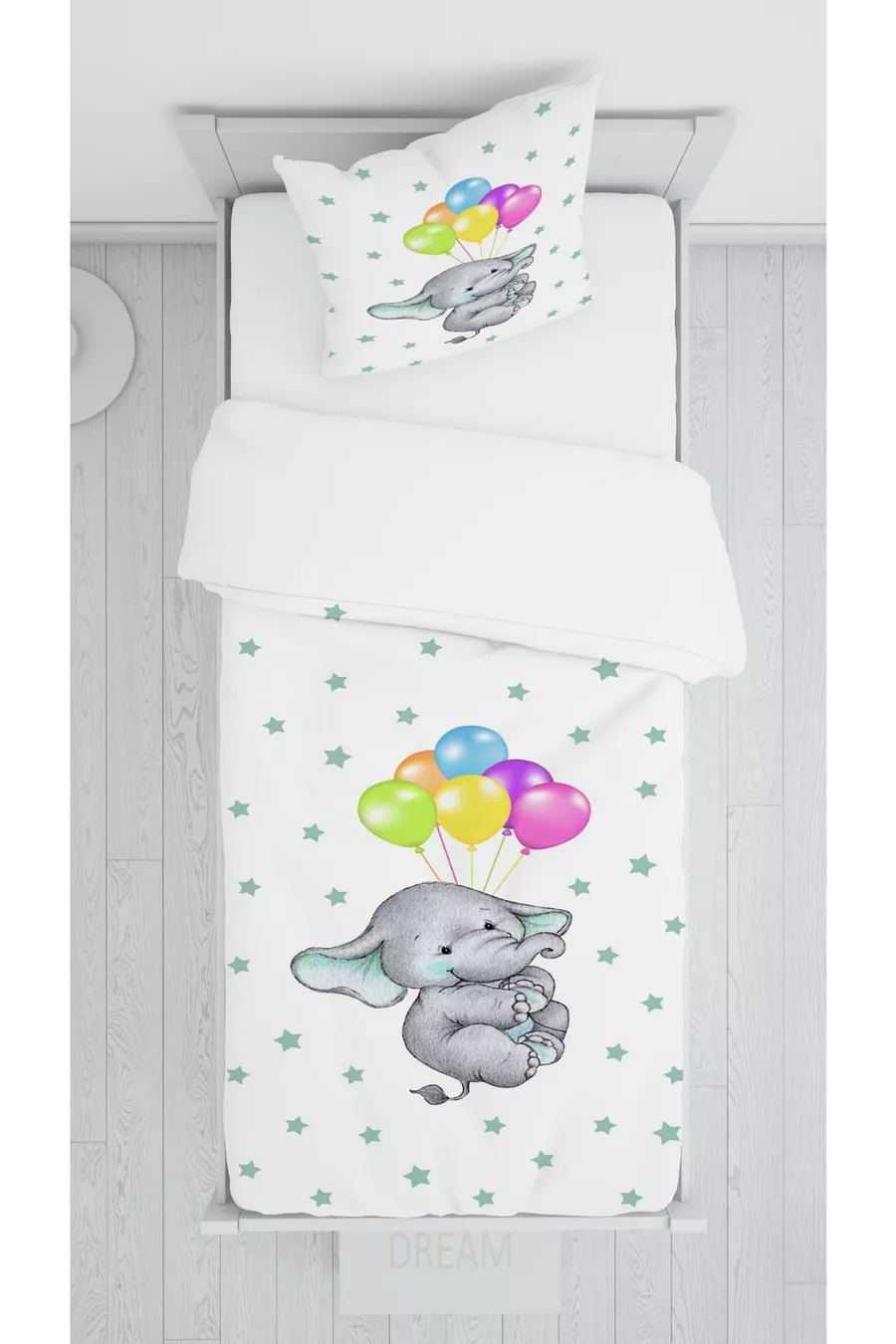 Ensemble pour chambre d'enfant avec éléphant volant en ballon (rideau de fond - couvre-lit et oreiller - tapis)