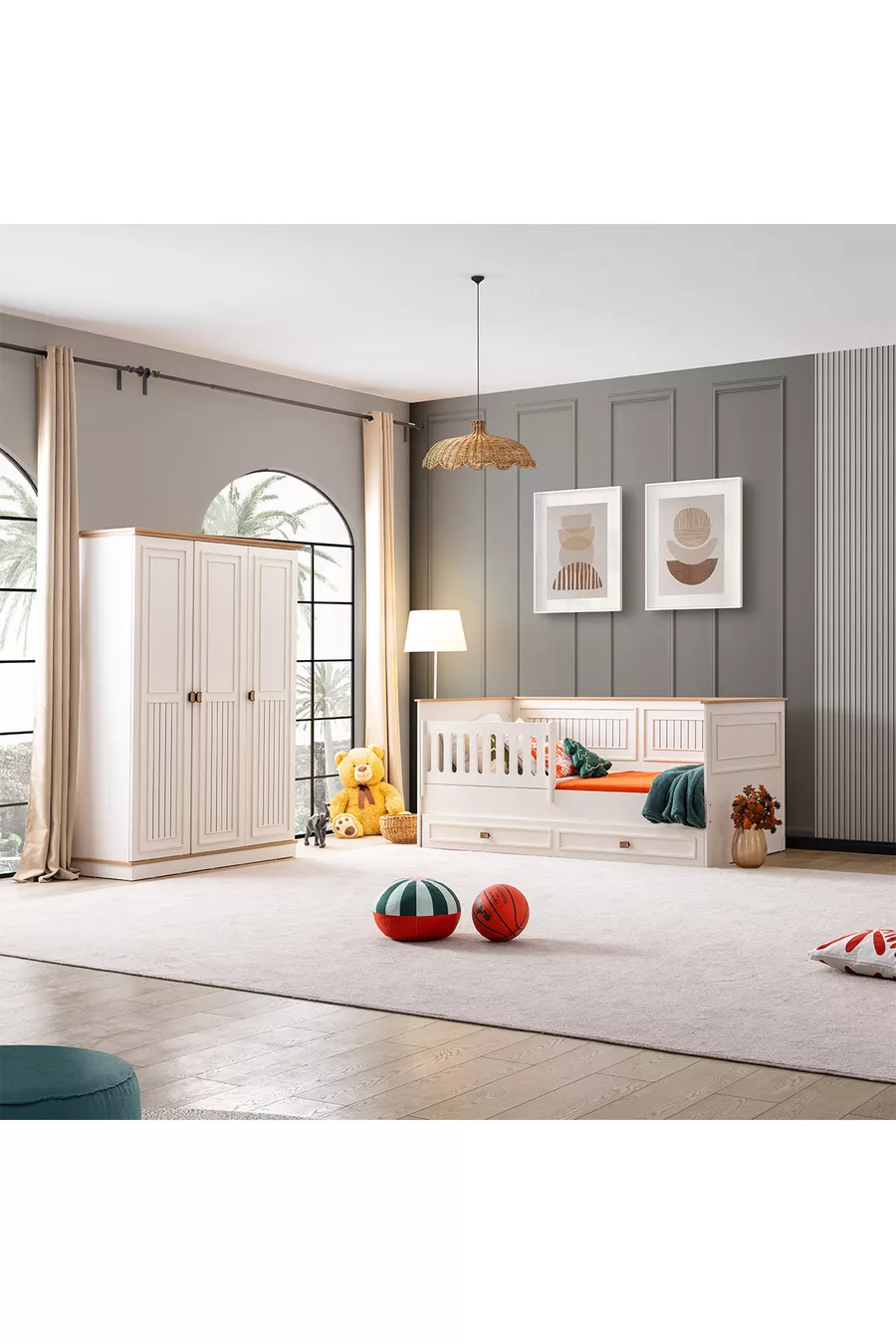 Chambre d'enfant, Armoire Zenit à 3 portes, Lit en sofa avec barrières pour enfants