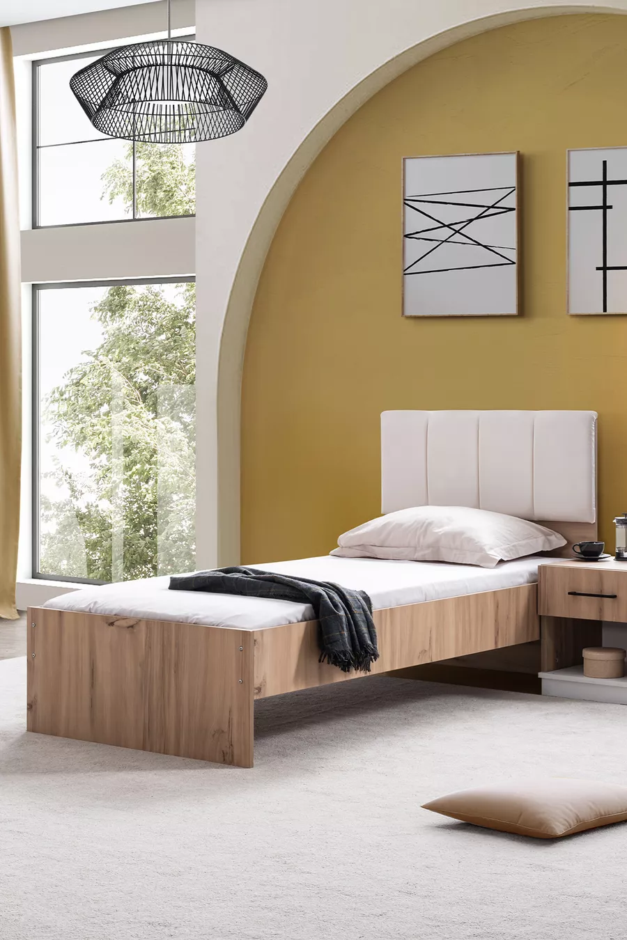 Tienerkamer Efes 3-Deurs Kast, Bed, Bureau, Nachtkastje Walnoot Creme