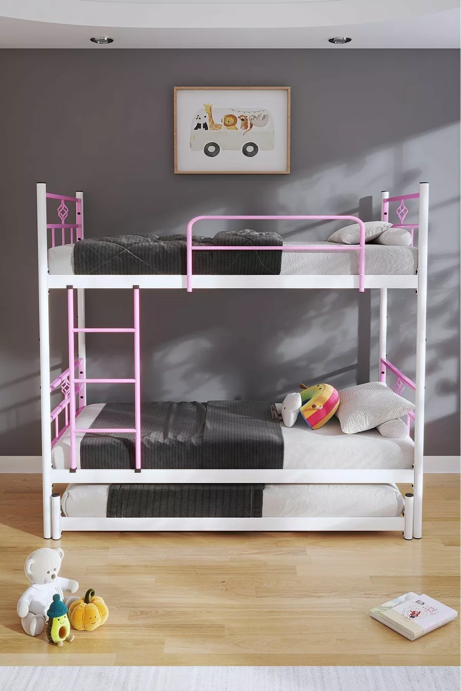 Lit superposé Koza avec tiroir pour 3 personnes, compatible avec matelas, métal rose clair