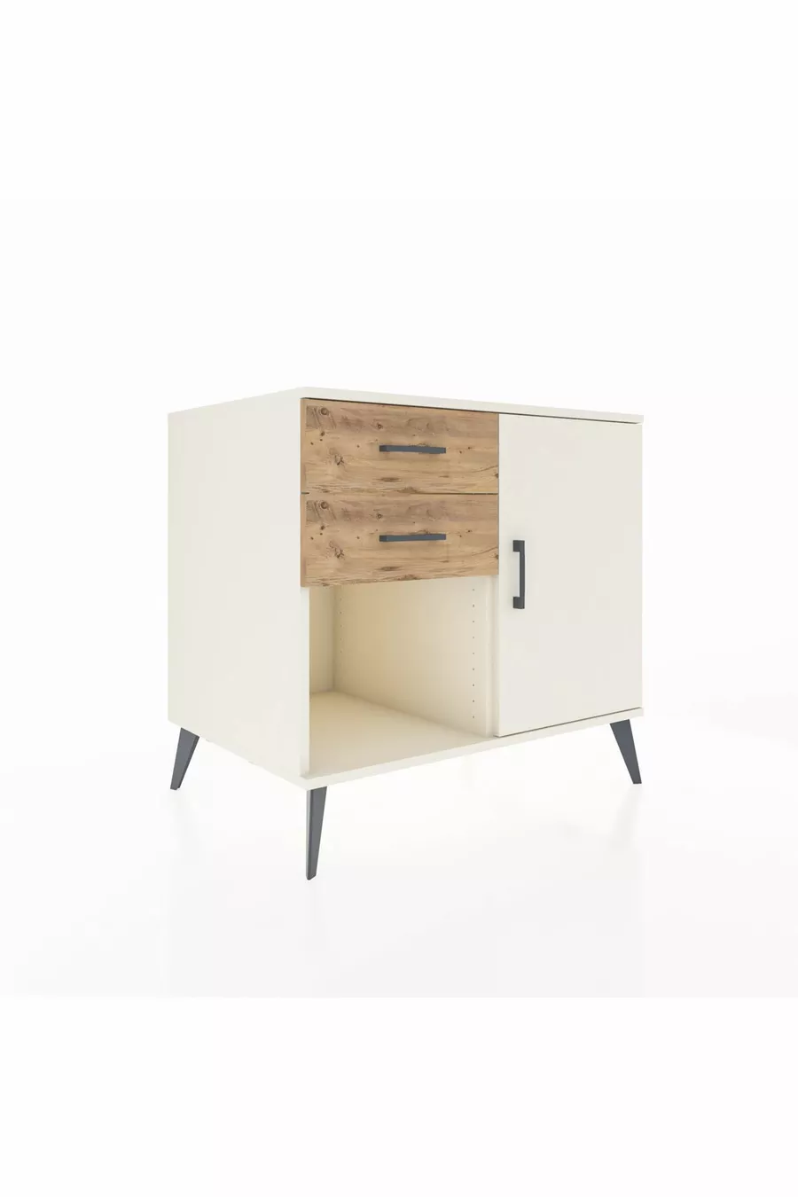 Commode Kronos à une étagère, 2 tiroirs et une porte, Pierre de Lune / Pin