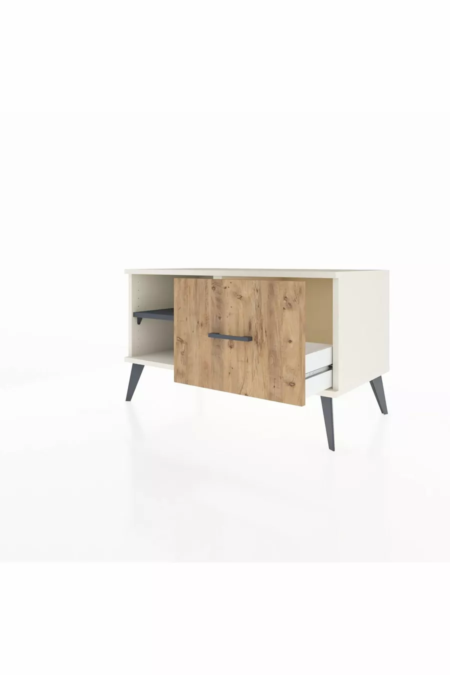 Commode Hyperion à une étagère et un tiroir, Pierre de lune-Anthracite/Merisiers