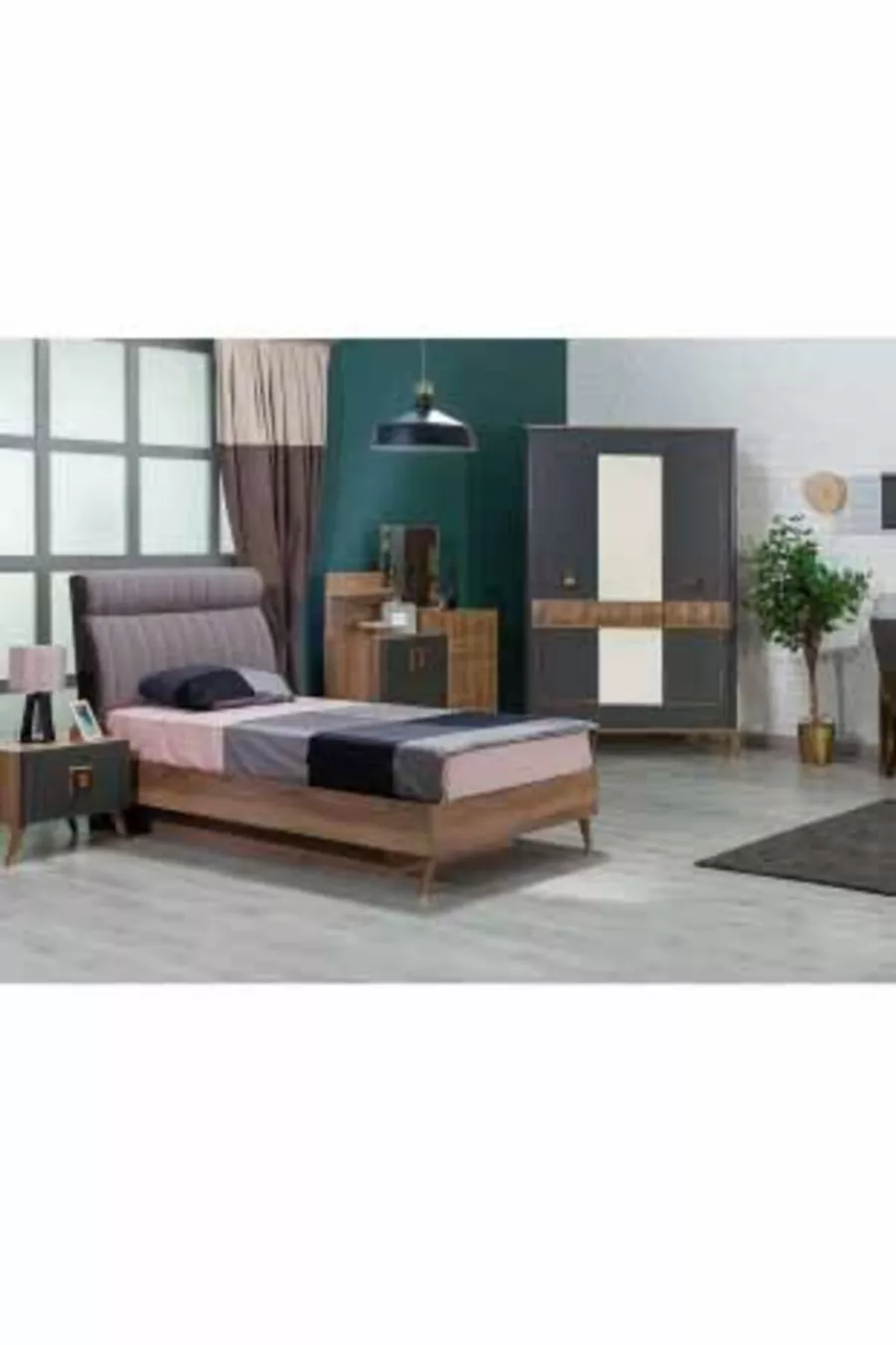 Ensemble de chambre rétro pour jeunes et enfants Noyer / bleu marine foncé