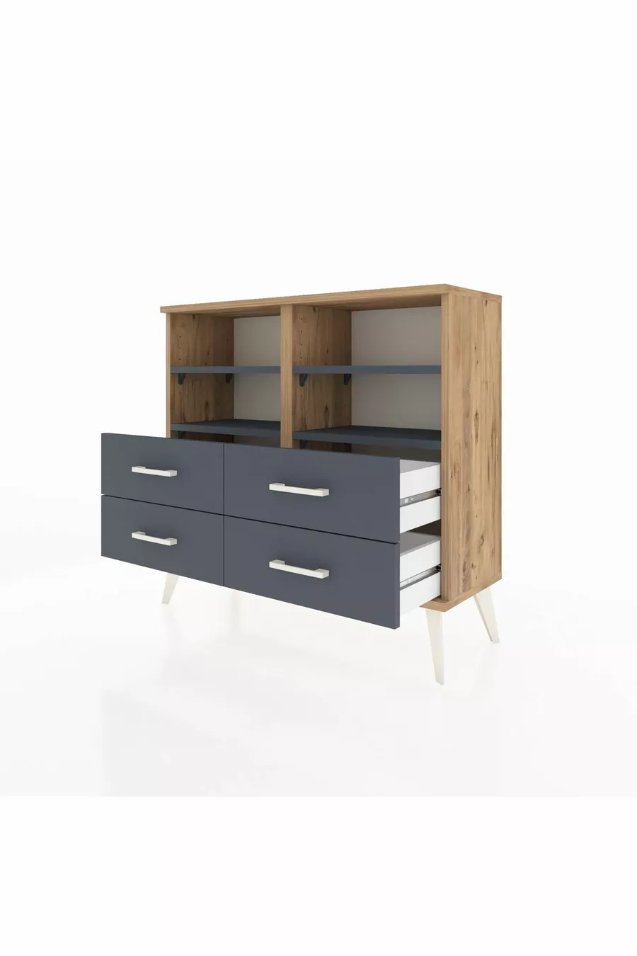 Commode Arges 4 étagères 4 tiroirs Pin-Anthracite