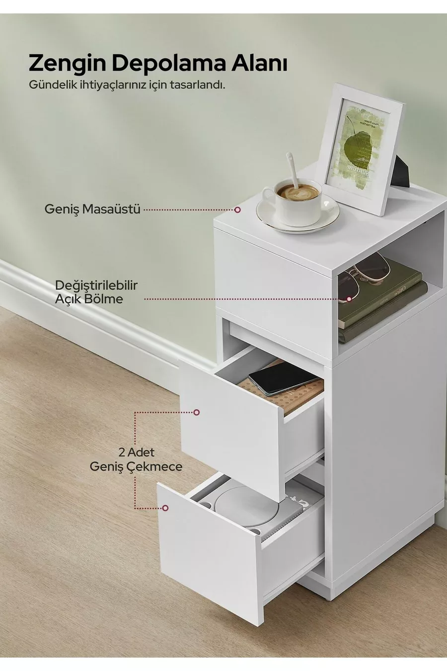 Table de chevet Alve étroite – 2 tiroirs, table d'appoint latérale avec compartiment ouvert amovible, pour chambre à coucher et salon M