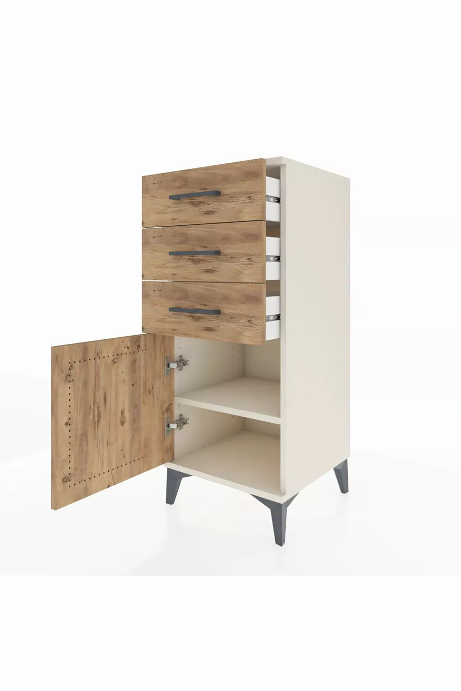 Commode Hyperion à une étagère, 3 tiroirs et une porte, Pierre de lune-Pin