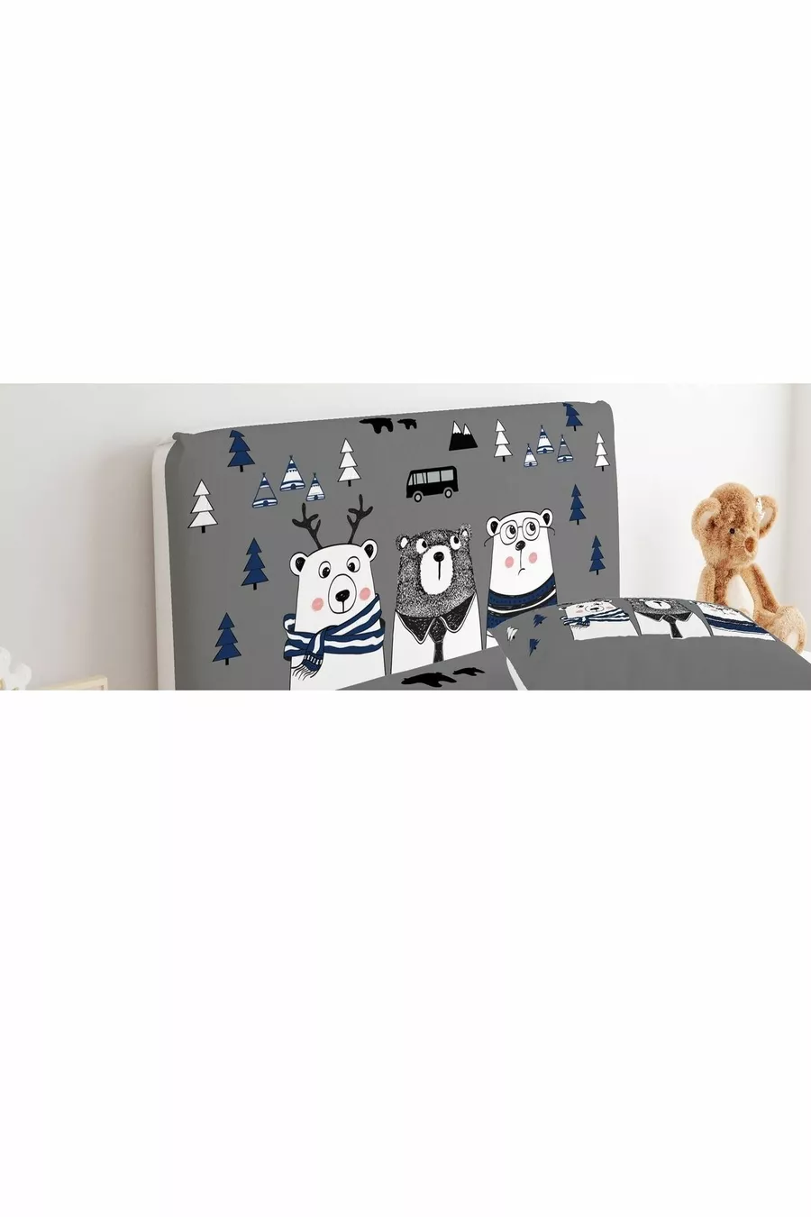 Bed Base Headboard Cover Cute Bears and Traffic Theme