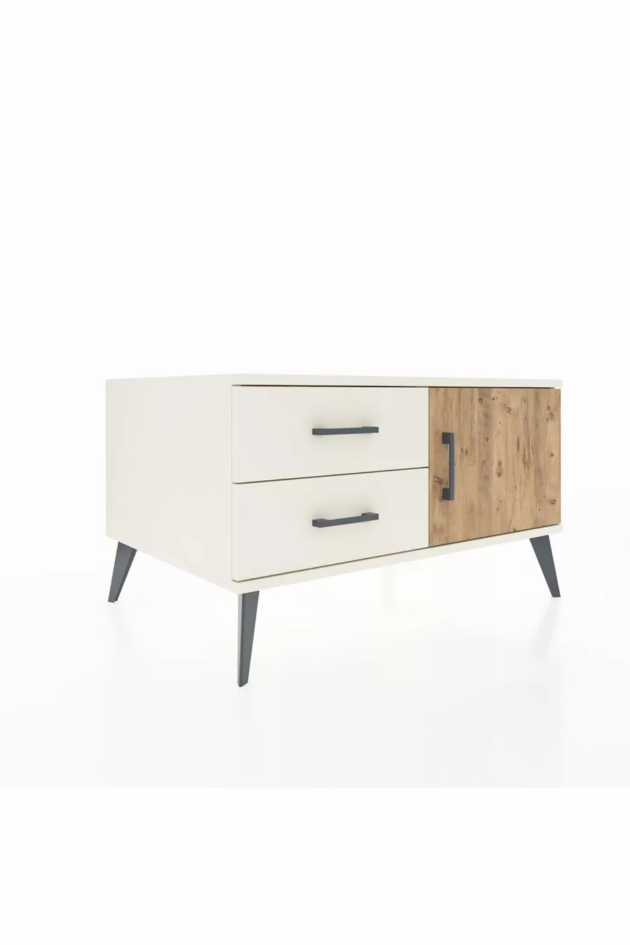 Commode Kronos à une étagère, 2 tiroirs et une porte, Pierre de Lune-Sapin/Pierre de Lune
