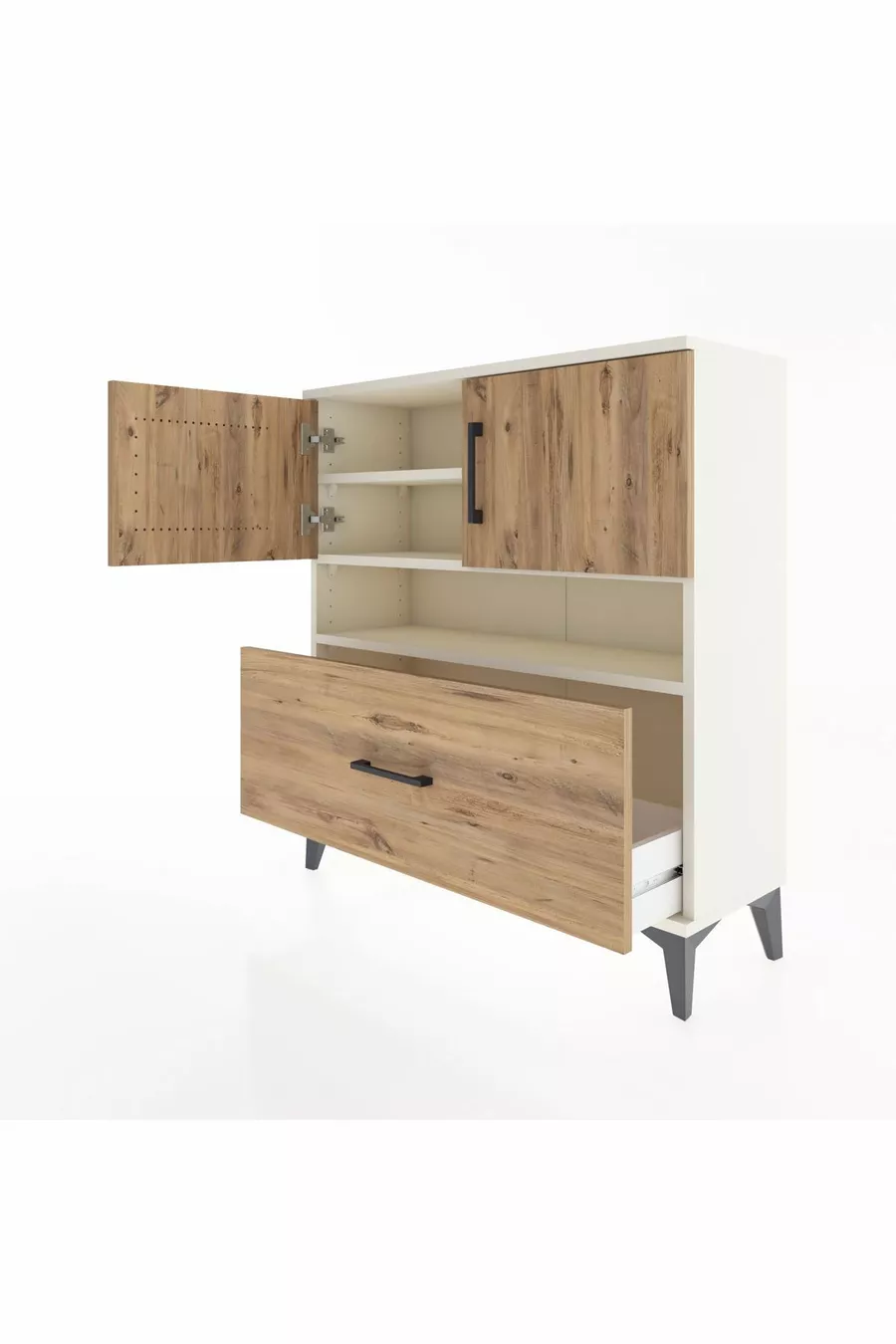 Commode Arges 3 étagères, 1 tiroir, 2 portes, Pierre de lune-Pin