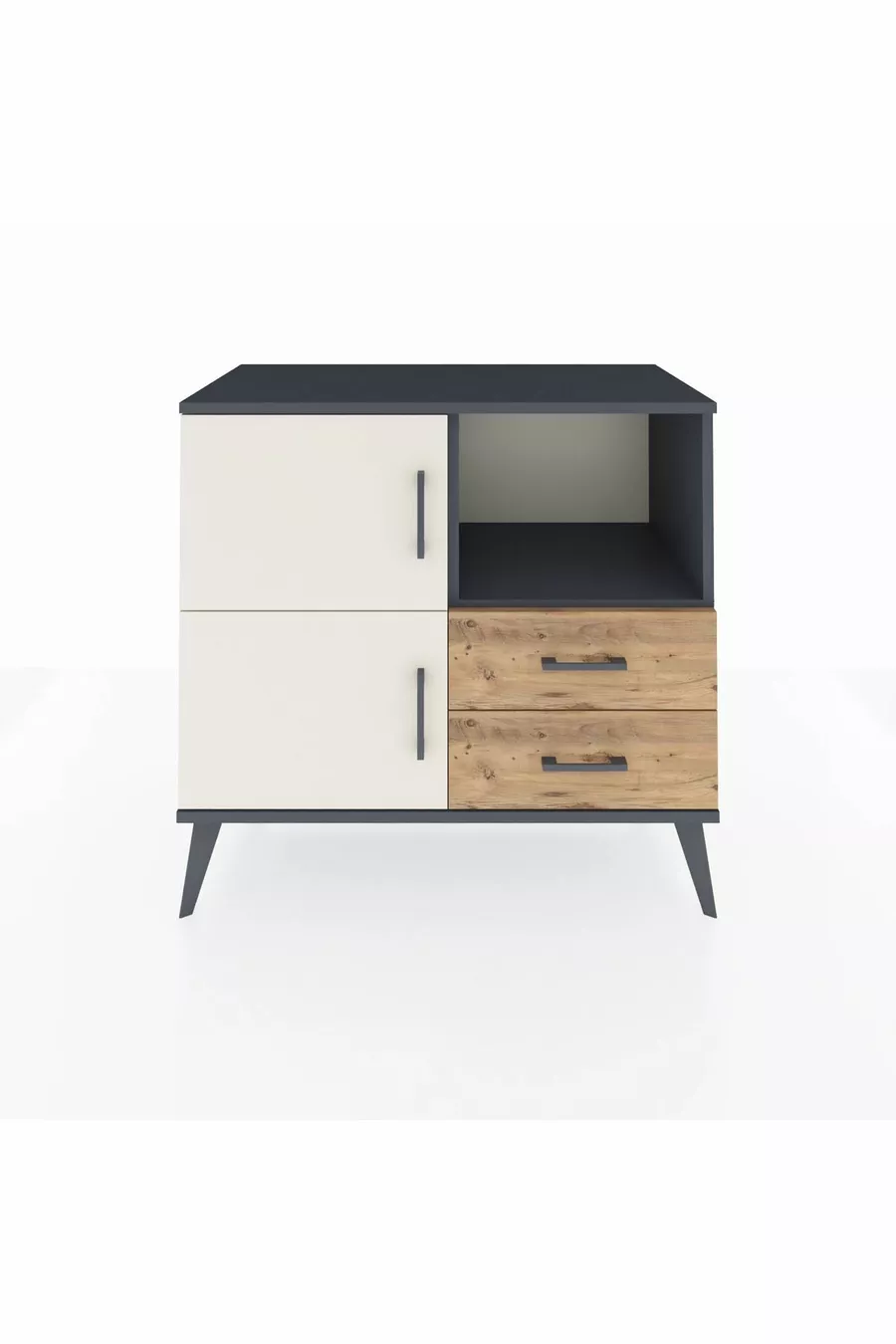 Commode Hyperion 2 étagères 2 tiroirs 2 portes Anthracite-Pierre de lune/Sapin