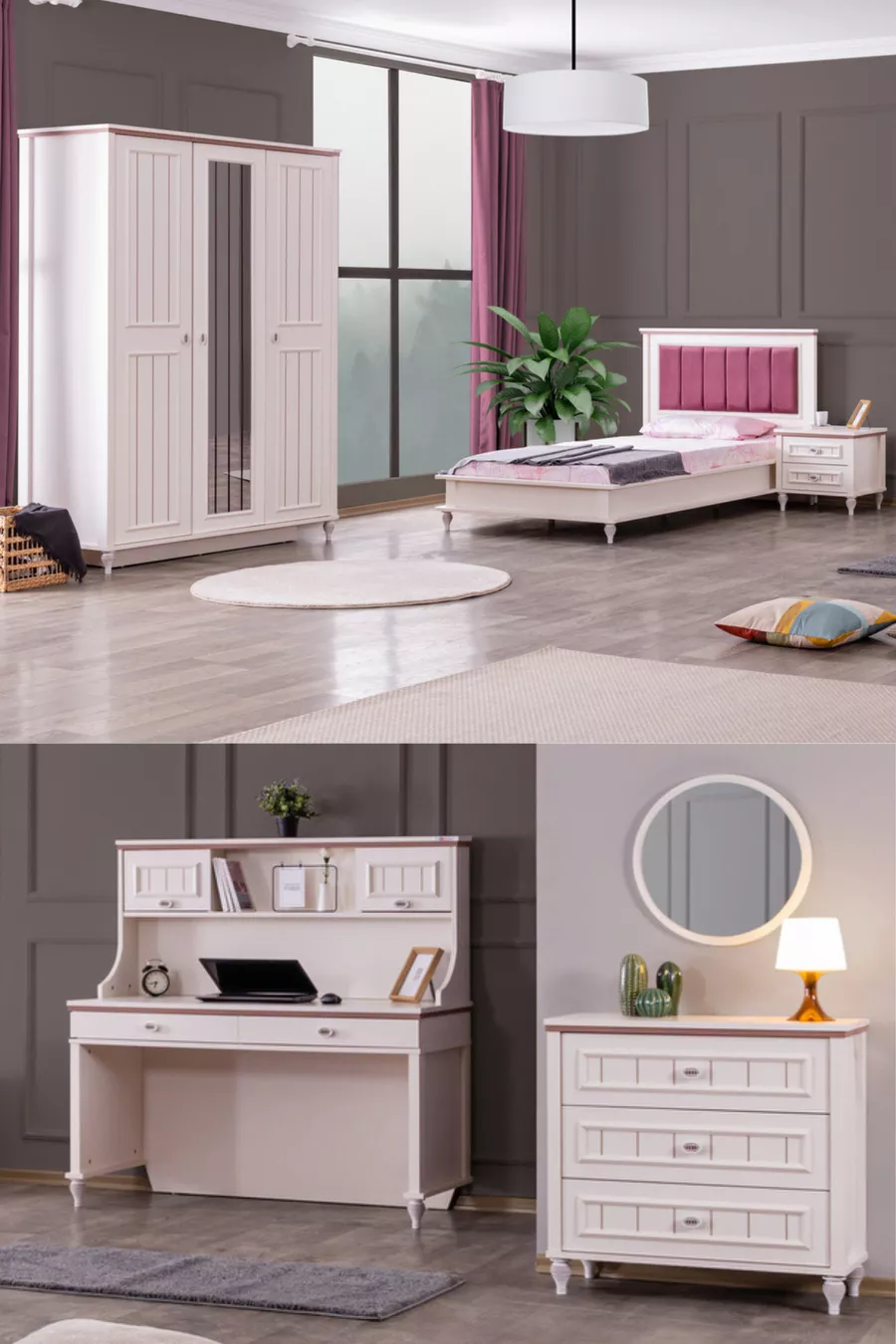 Ezgi Lux Jugendzimmer - 3-türiger Schrank, Bett, Nachttisch, Schreibtisch, Kommode