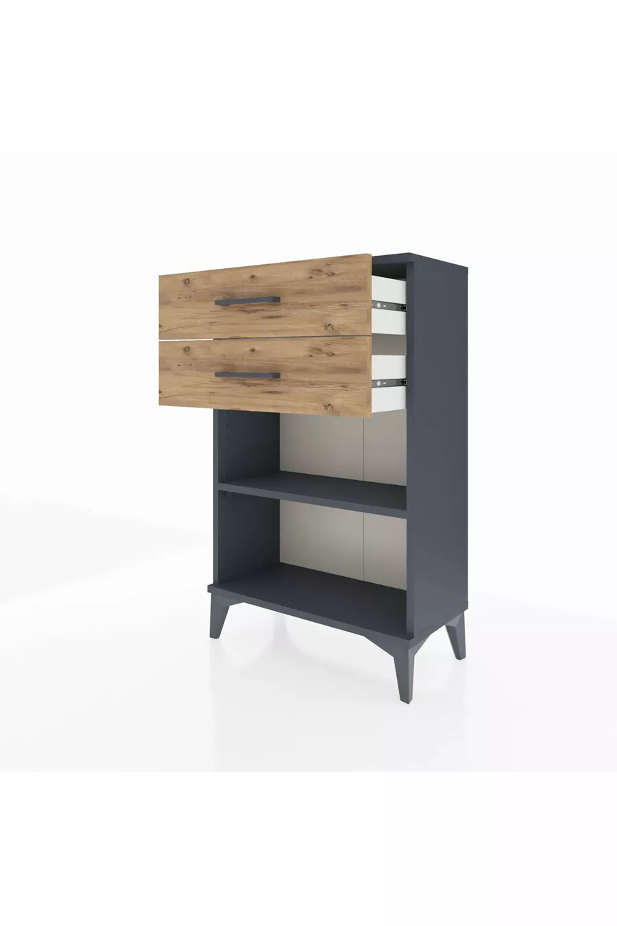 Chevet Arges à une étagère et deux tiroirs Anthracite-Pin
