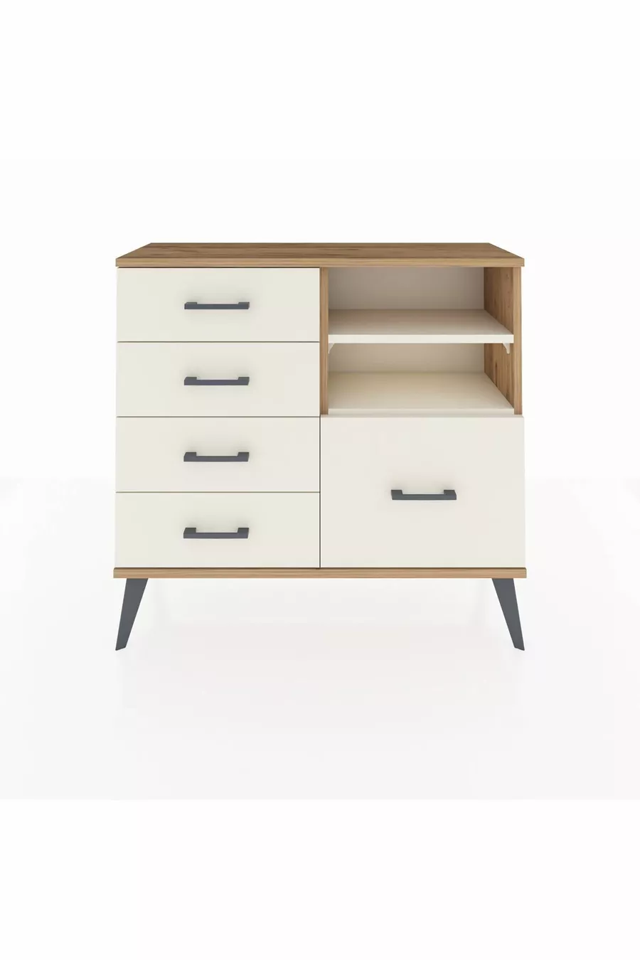 Commode Arges 2 étagères 5 tiroirs Pin-Pierre de lave
