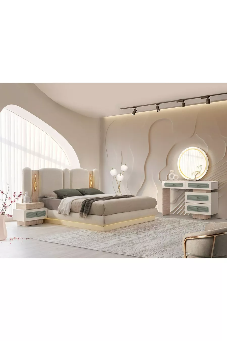 Turquoise MDF-Based LED Bedroom Set